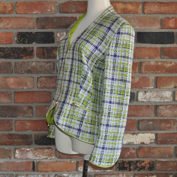 ESCADA WOVEN Tweed Silk Cotton Purple Lime Green Gold Zip-up Jacket Coat 38 - Picture 6 of 8